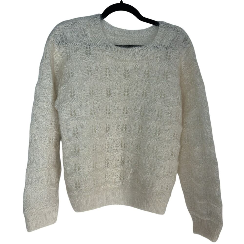 VTG 70s Cream Mohair Pointelle Puff Sleeve Sweater Cottagecore Coquette M